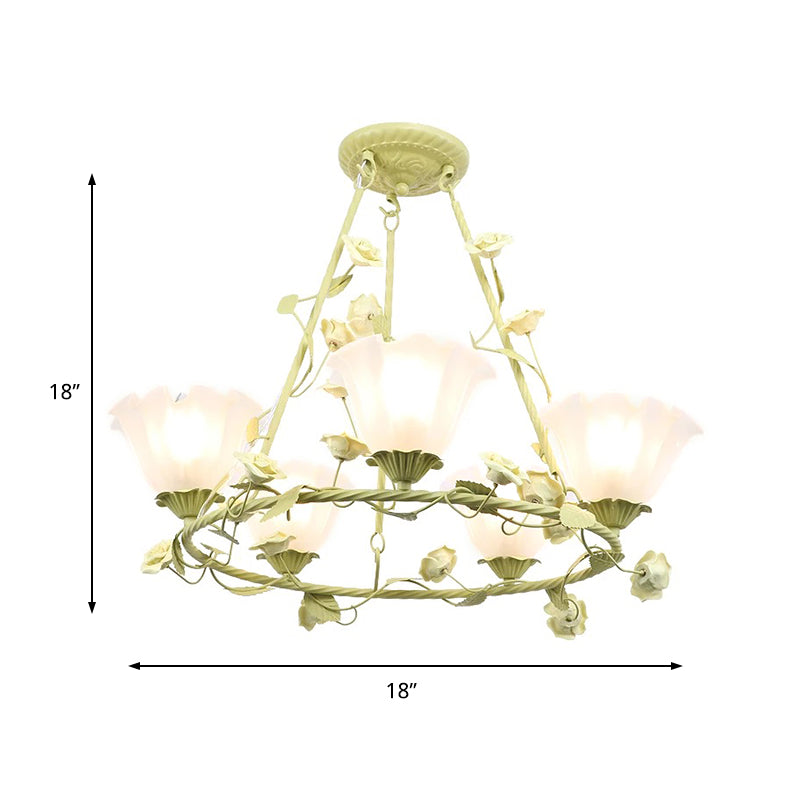 Green 5 Heads Chandelier Lighting Korean Flower Frosted Glass Circle Pendant Ceiling Light for Living Room