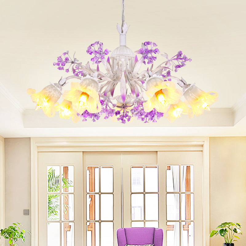Ivory Flower Hanging Chandelier Pastoral White Glass 3/5/7 Lights Living Room LED Ceiling Pendant