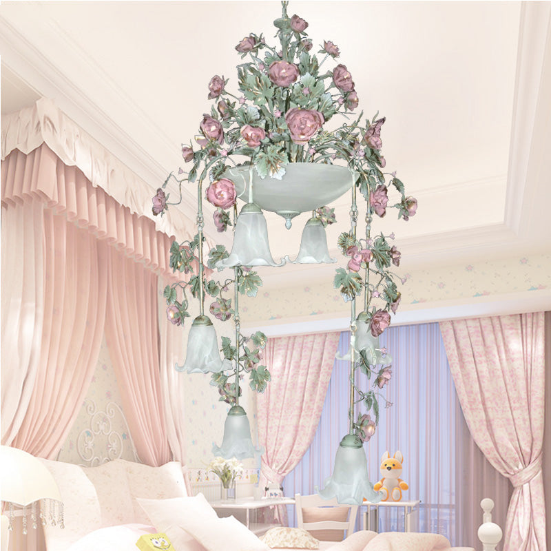 Blossom White Glass Chandelier Lighting Pastoral 10 Bulbs Bedroom LED Suspension Lamp in Pink/Red