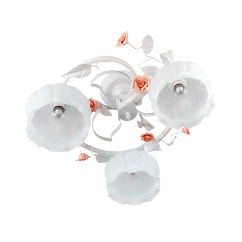3 Lights White Glass Semi Flush Korean Garden Flower Living Room Close to Ceiling Lighting