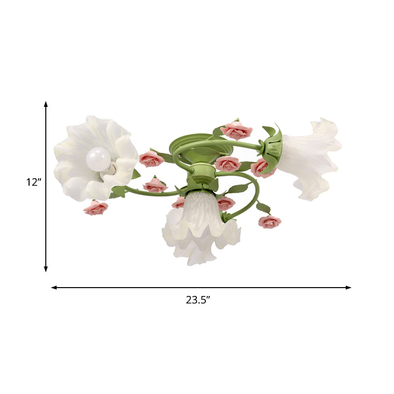 Milk Glass Scalloped Ceiling Lighting Pastoral Style 4 Heads Bedroom Semi Flush Mount Light Fixture in Green