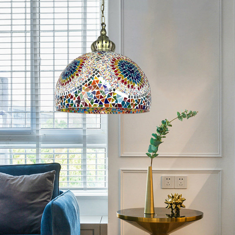 Dome Stained Art Glass Pendant Light Traditional 1 Head Living Room Hanging Ceiling Light in Blue/Green