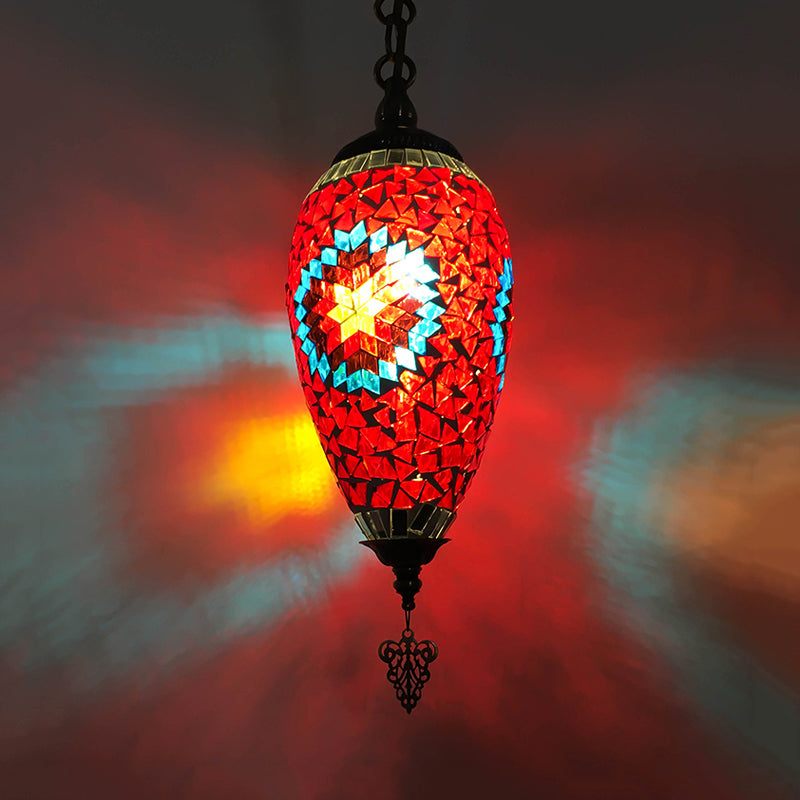 Traditional Urn Hanging Lamp Kit 1 Head Hand Cut Glass Pendant Lighting in Red/Yellow/Blue