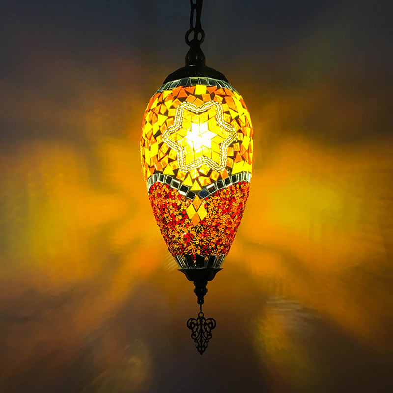 Traditional Urn Hanging Lamp Kit 1 Head Hand Cut Glass Pendant Lighting in Red/Yellow/Blue