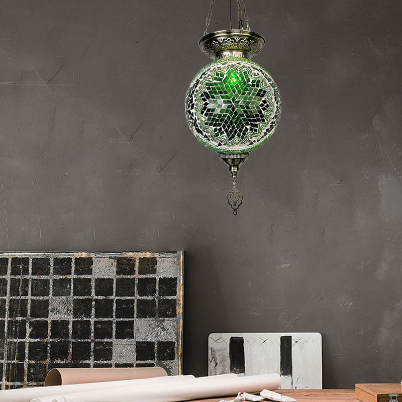 1 Light Stained Art Glass Pendant Light Kit Vintage White/Red/Blue Globe Dining Room Hanging Ceiling Light