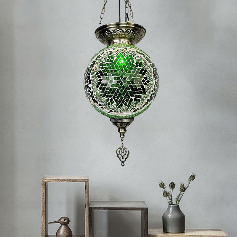 1 Light Stained Art Glass Pendant Light Kit Vintage White/Red/Blue Globe Dining Room Hanging Ceiling Light