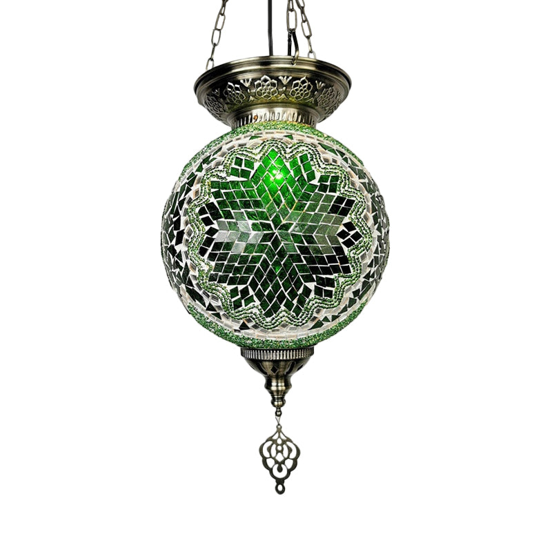 1 Light Stained Art Glass Pendant Light Kit Vintage White/Red/Blue Globe Dining Room Hanging Ceiling Light