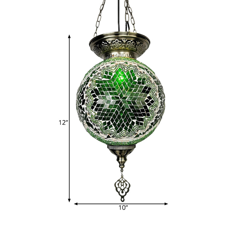 1 Light Stained Art Glass Pendant Light Kit Vintage White/Red/Blue Globe Dining Room Hanging Ceiling Light