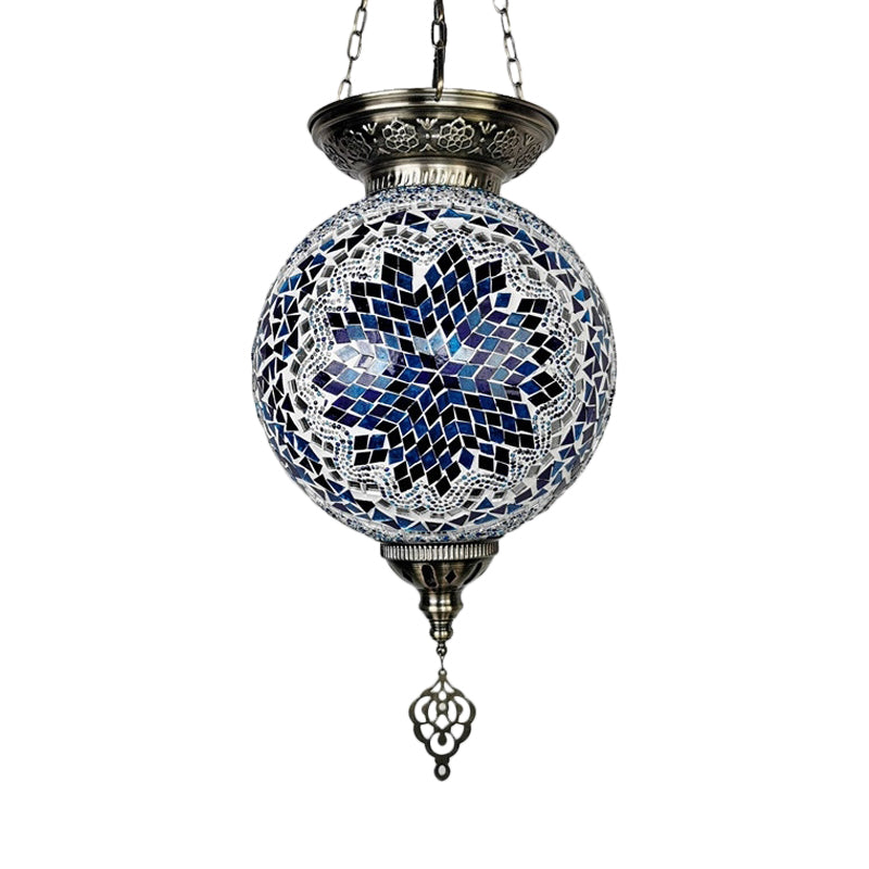 1 Light Stained Art Glass Pendant Light Kit Vintage White/Red/Blue Globe Dining Room Hanging Ceiling Light