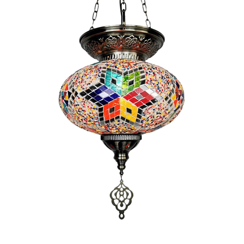 Red/Blue 1 Head Ceiling Pendant Light Traditional Stained Glass Oval Hanging Light Fixture