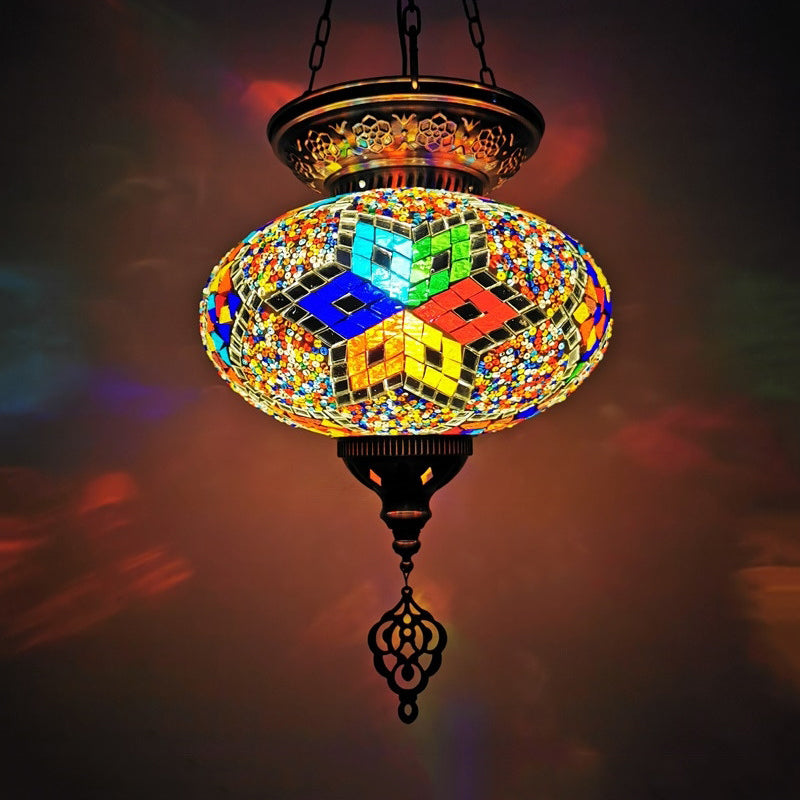 Red/Blue 1 Head Ceiling Pendant Light Traditional Stained Glass Oval Hanging Light Fixture