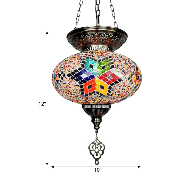Red/Blue 1 Head Ceiling Pendant Light Traditional Stained Glass Oval Hanging Light Fixture