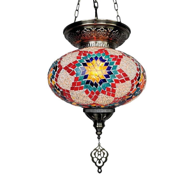 Red/Blue 1 Head Ceiling Pendant Light Traditional Stained Glass Oval Hanging Light Fixture