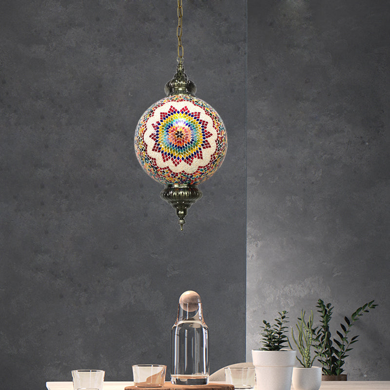 Cut Glass Globe Suspension Lighting Traditional 1 Light Dining Room Pendant Lamp in Red/Yellow/Blue