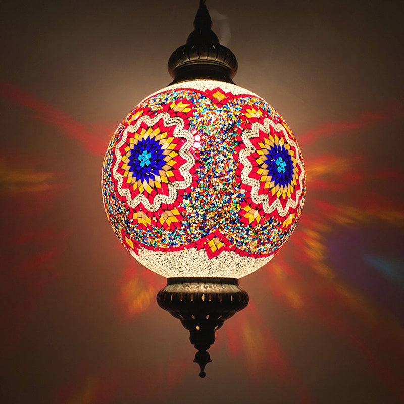 Cut Glass Globe Suspension Lighting Traditional 1 Light Dining Room Pendant Lamp in Red/Yellow/Blue