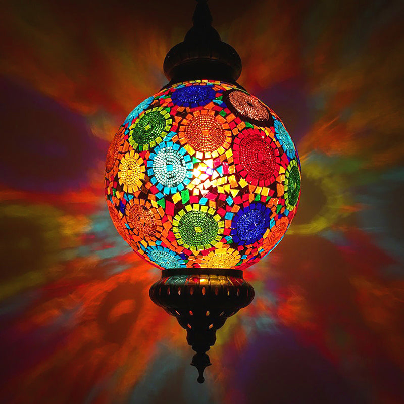 Vintage Orb Ceiling Suspension Lamp 1 Head Stained Glass Hanging Pendant Light in Red/Yellow/Blue