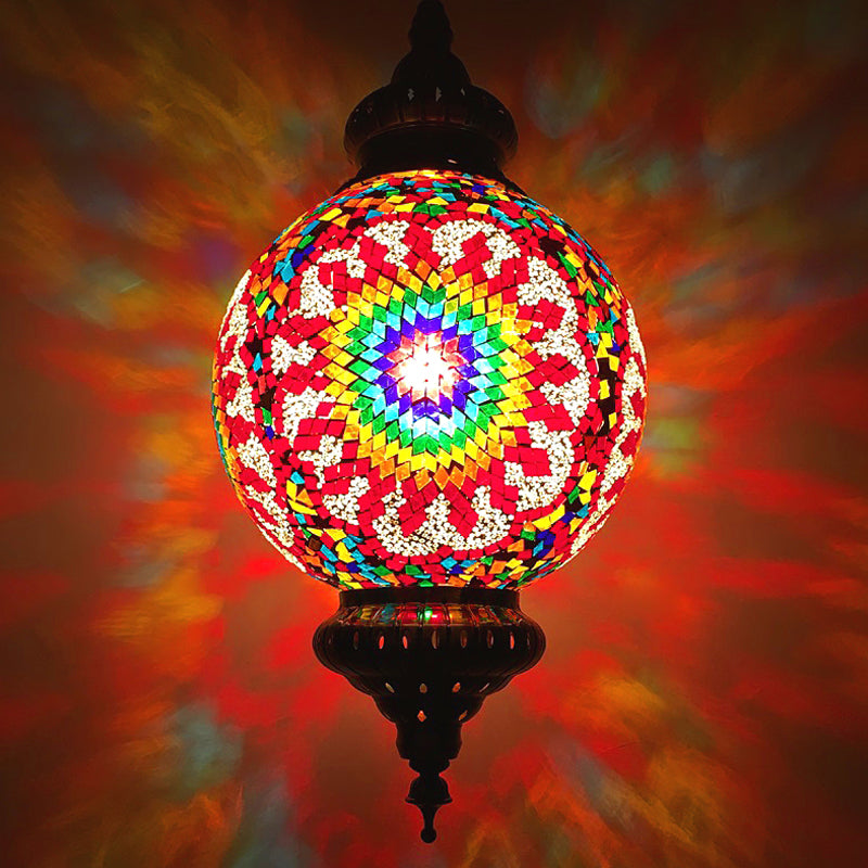 Vintage Orb Ceiling Suspension Lamp 1 Head Stained Glass Hanging Pendant Light in Red/Yellow/Blue