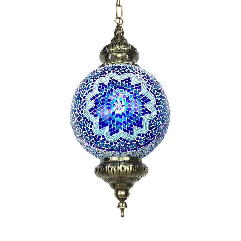 Vintage Orb Ceiling Suspension Lamp 1 Head Stained Glass Hanging Pendant Light in Red/Yellow/Blue