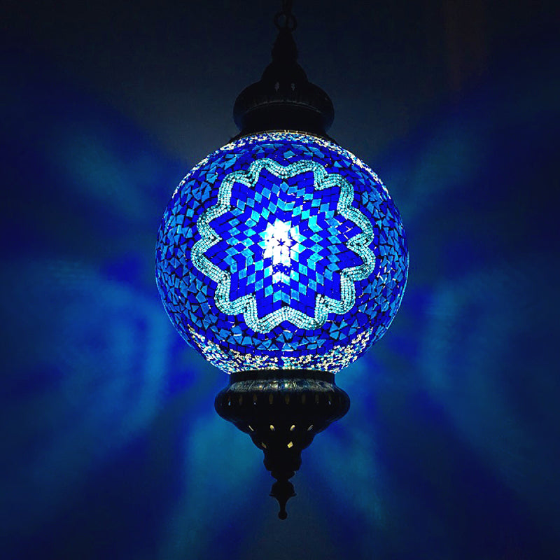 Vintage Orb Ceiling Suspension Lamp 1 Head Stained Glass Hanging Pendant Light in Red/Yellow/Blue