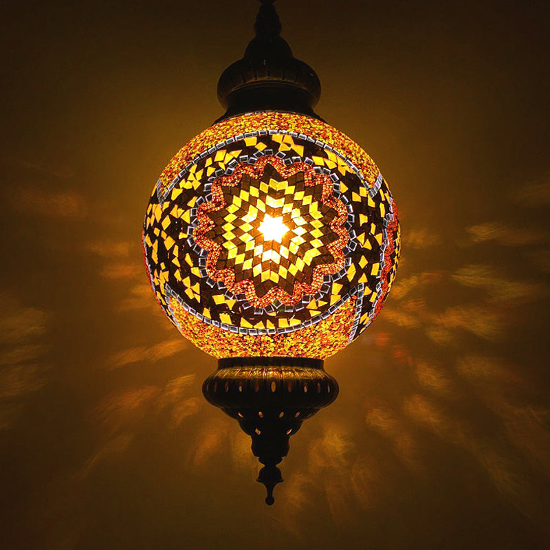 Vintage Orb Ceiling Suspension Lamp 1 Head Stained Glass Hanging Pendant Light in Red/Yellow/Blue