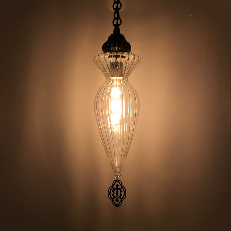Gourd Dining Room Hanging Ceiling Light Traditional Clear Ribbed Glass 1 Head Pendant Light Kit