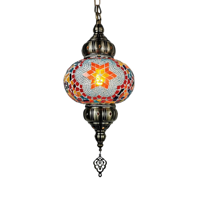 Stained Glass Oval Hanging Light Kit Traditional 1 Head Bedroom Pendant Lighting in White/Red/Orange