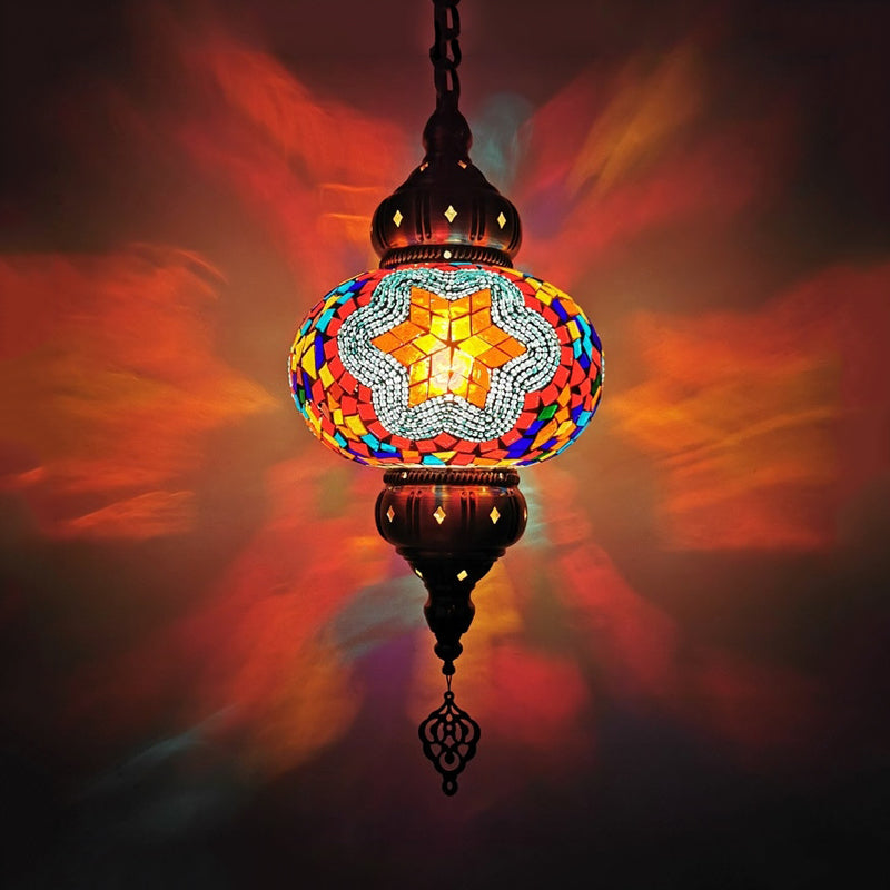 Stained Glass Oval Hanging Light Kit Traditional 1 Head Bedroom Pendant Lighting in White/Red/Orange