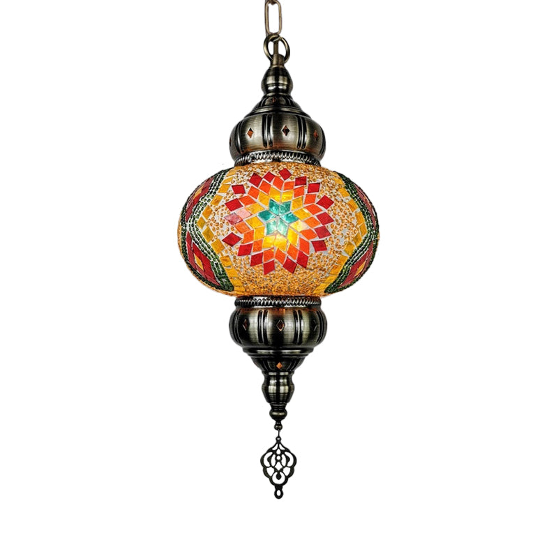 Stained Glass Oval Hanging Light Kit Traditional 1 Head Bedroom Pendant Lighting in White/Red/Orange