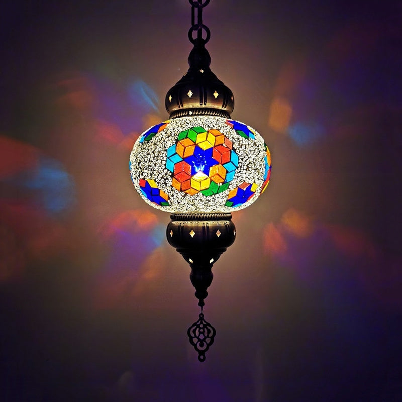 Stained Glass Oval Hanging Light Kit Traditional 1 Head Bedroom Pendant Lighting in White/Red/Orange