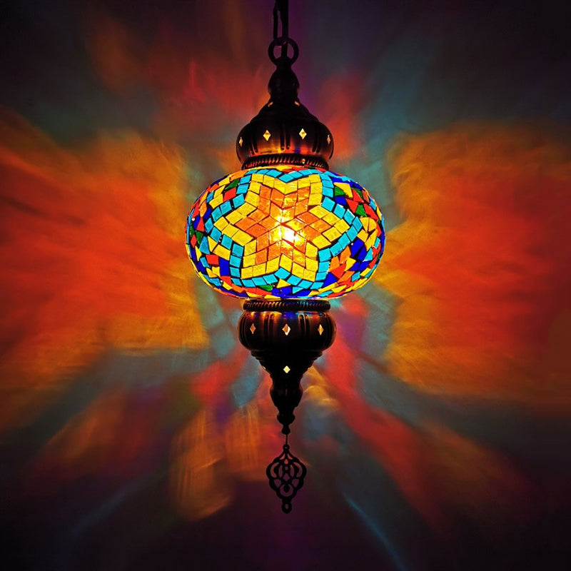 Stained Glass Oval Hanging Light Kit Traditional 1 Head Bedroom Pendant Lighting in White/Red/Orange