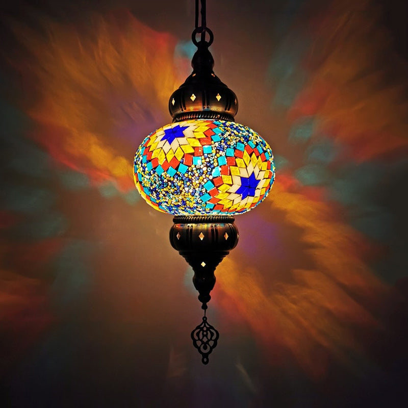 Stained Glass Oval Hanging Light Kit Traditional 1 Head Bedroom Pendant Lighting in White/Red/Orange