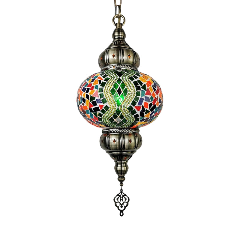 Stained Glass Red/Orange/Green Pendant Lamp Oval 1 Head Vintage Suspension Lighting