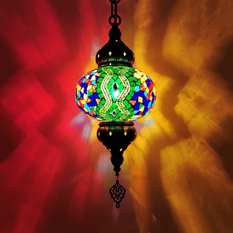 Stained Glass Red/Orange/Green Pendant Lamp Oval 1 Head Vintage Suspension Lighting