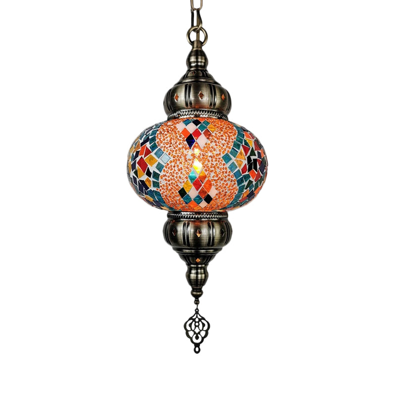 Stained Glass Red/Orange/Green Pendant Lamp Oval 1 Head Vintage Suspension Lighting