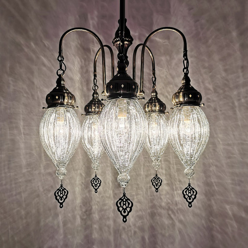 Bronze 5 Heads Chandelier Lamp Traditional White Ribbed Glass Teardrop Ceiling Light