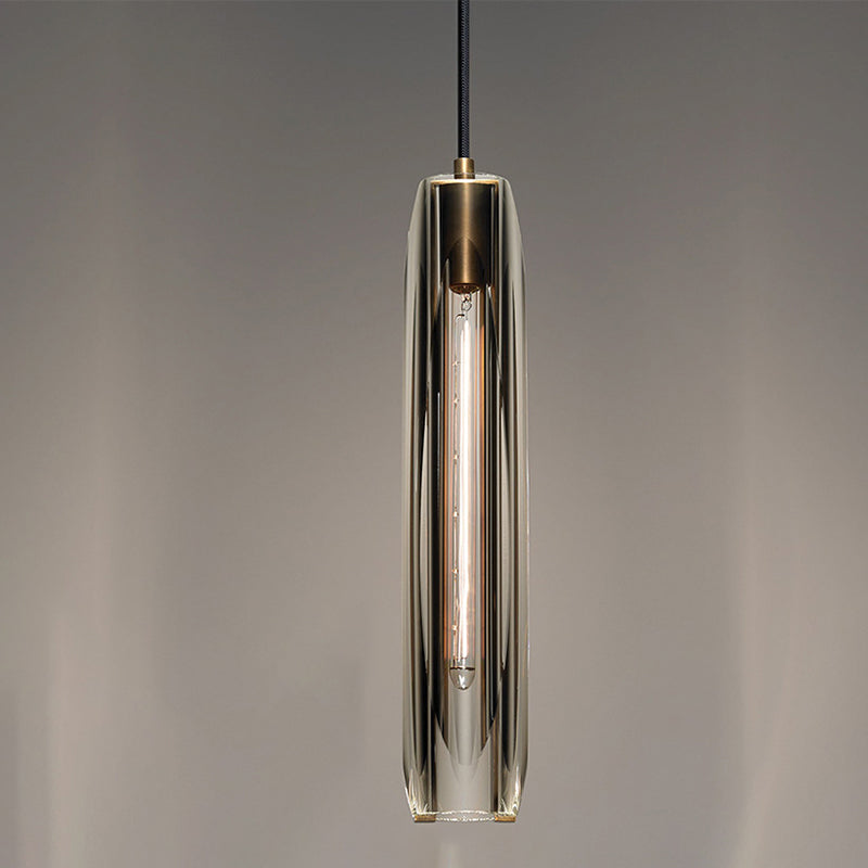 Lámpara colgante cilíndrica de cobre ligero de un solo colgante artístico moderno con sombra de cristal