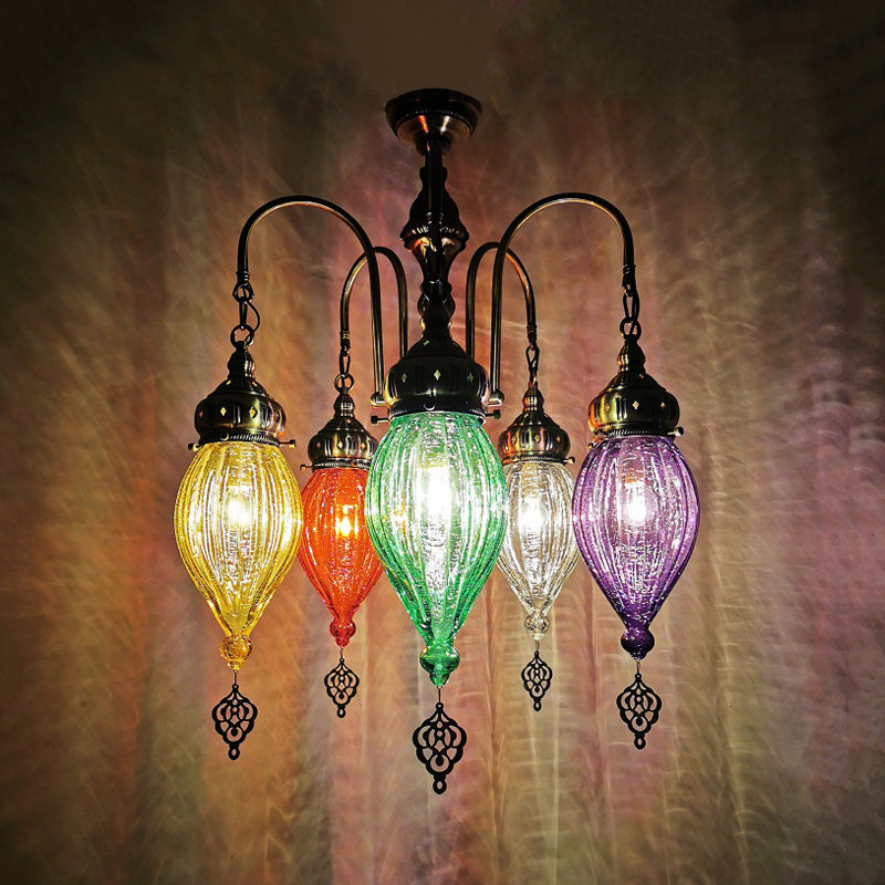 5 Heads Gourd Chandelier Light Traditional Red/Yellow/Green Ribbed Glass Hanging Light Kit