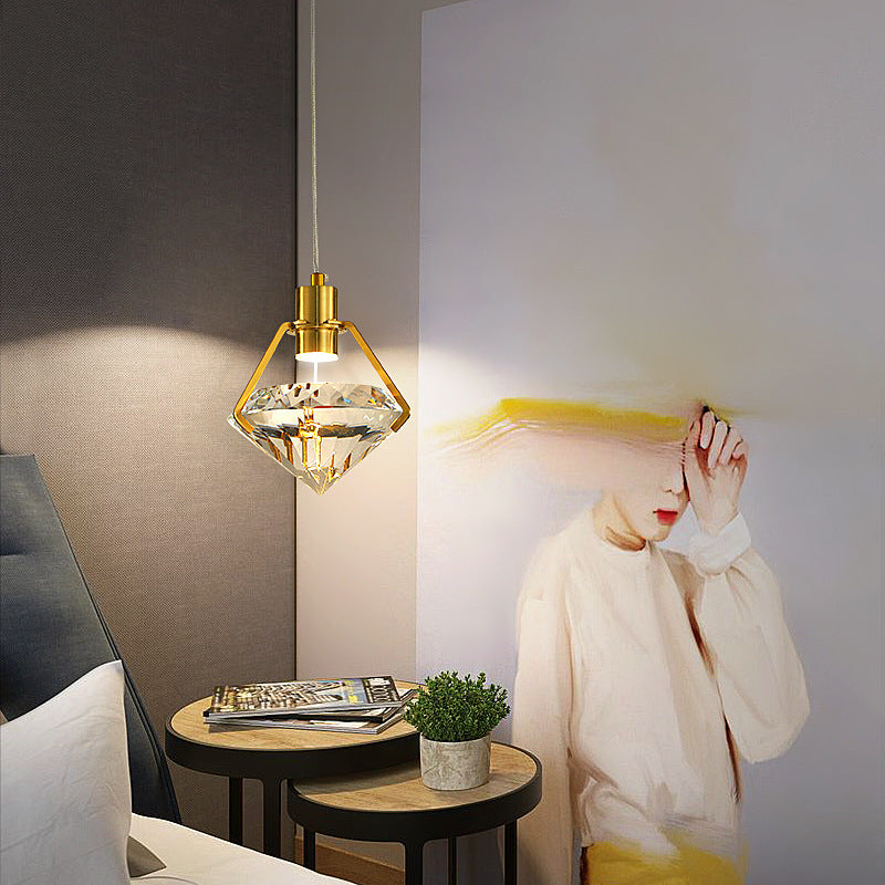 Modern Luxury LED Pendant Light Electroplate Metal Geometric Hanging Lamp with Crystal Shade