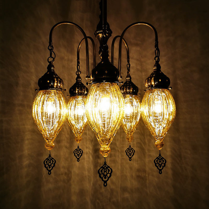 5 Heads Gourd Chandelier Light Traditional Red/Yellow/Green Ribbed Glass Hanging Light Kit