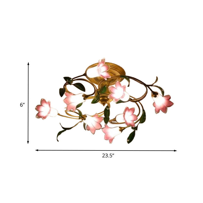 Messing 8 Köpfe halb flush leichte pastorale Metalllilie -LED -Deckenelement für Wohnzimmer