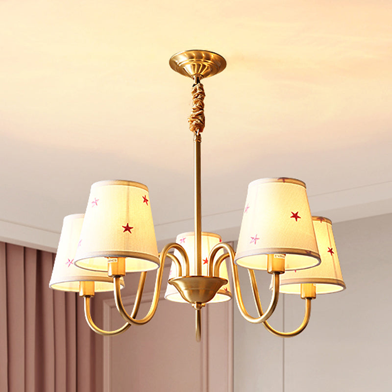 Traditional Style Chandelier Light Fabric Shade Brass Lighting Fixture for Living Room