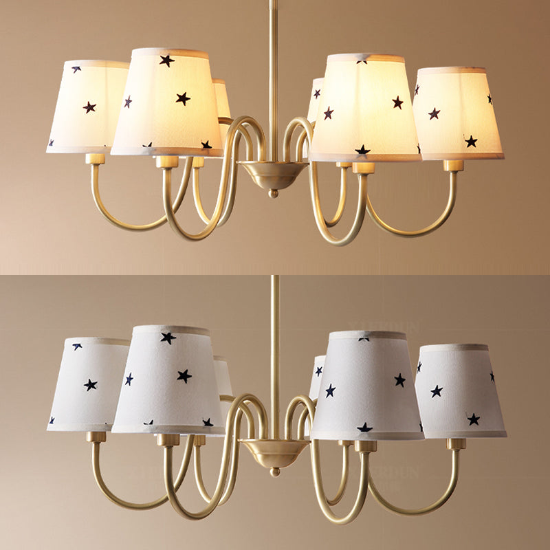 Traditional Style Chandelier Light Fabric Shade Brass Lighting Fixture for Living Room