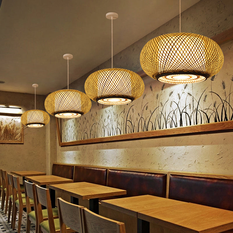 Asian Style Hanging Light 1-Light Hand Weaving Drum Shaped Pendant Lamp for Bedroom