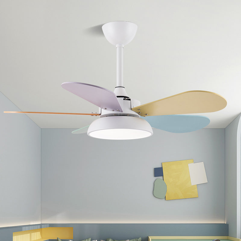 Colorful Round Hanging Fan Light Macaron Style Metal Bedroom LED Semi Flush Mount Lamp