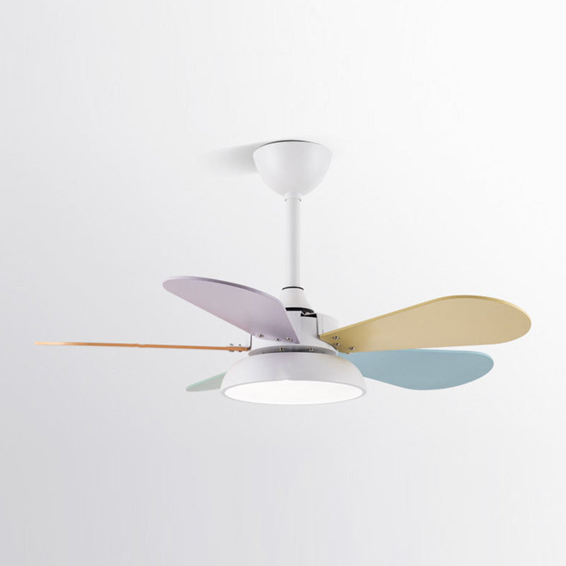 Colorful Round Hanging Fan Light Macaron Style Metal Bedroom LED Semi Flush Mount Lamp
