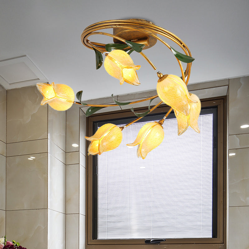 6 Bulbs Tulip Ceiling Light Pastoral Metal LED Semi Flush Mount Lighting in Brass for Living Room