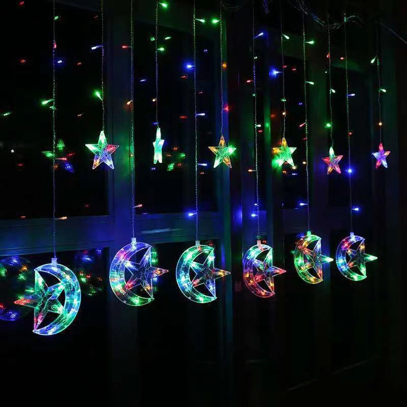 Moon and Star Curtain String Lamps Artistic Plastic 12-Head LED Festive Light