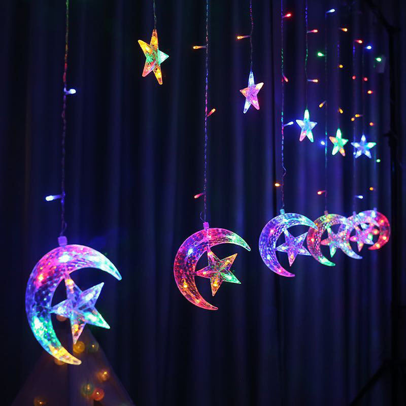 Moon and Star Curtain String Lamps Artistic Plastic 12-Head LED Festive Light