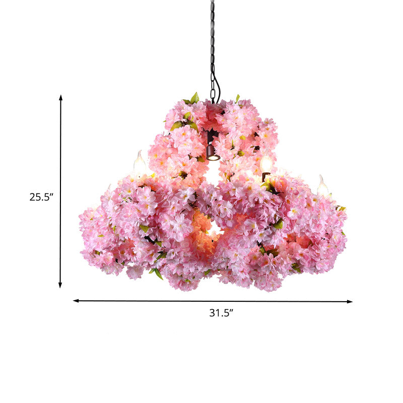 Metal Floral Chandelier Lamp Industrial 7 Lights Restaurant Ceiling Pendant in Pink