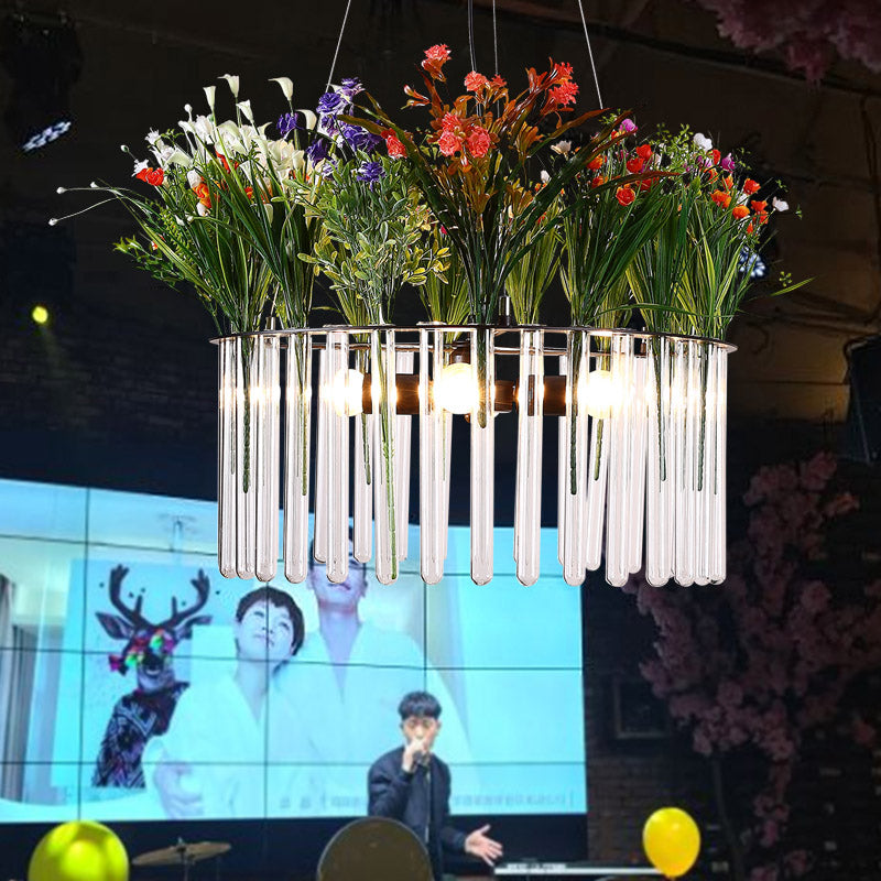 Metal Green Hanging Chandelier Drum 4 Lights Vintage LED Pendant Lighting with Flower Decor